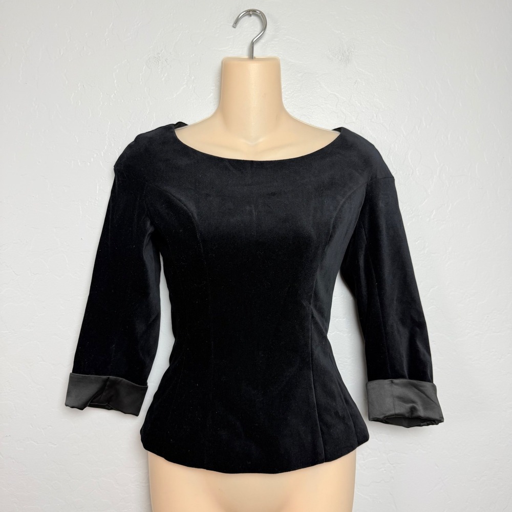 BGL Black Velvet Boat Neck 3/4 Sleeve Zipper Back Peplum Top NWT Size 2